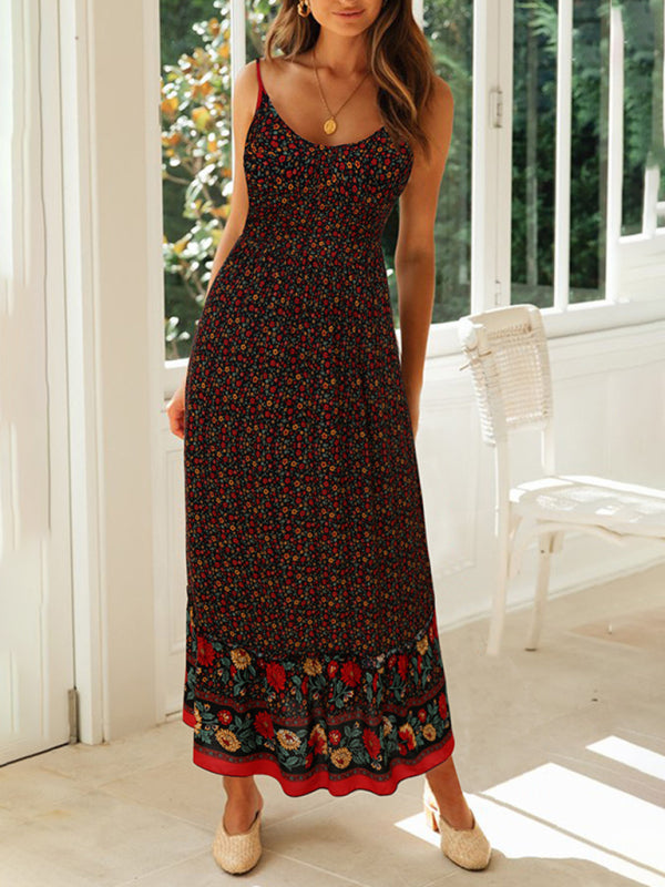 Bohemian Floral Maxi Dress – V-Neck Sleeveless Swing Skirt for Summer