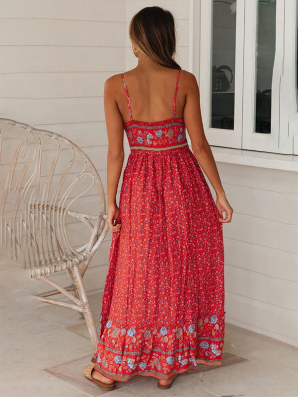 Bohemian Floral Maxi Dress – V-Neck Sleeveless Swing Skirt for Summer