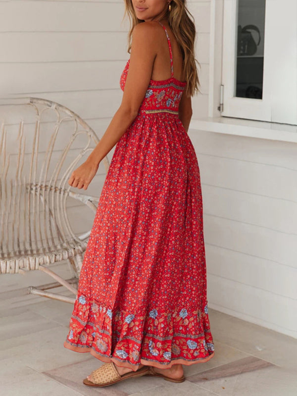 Bohemian Floral Maxi Dress – V-Neck Sleeveless Swing Skirt for Summer