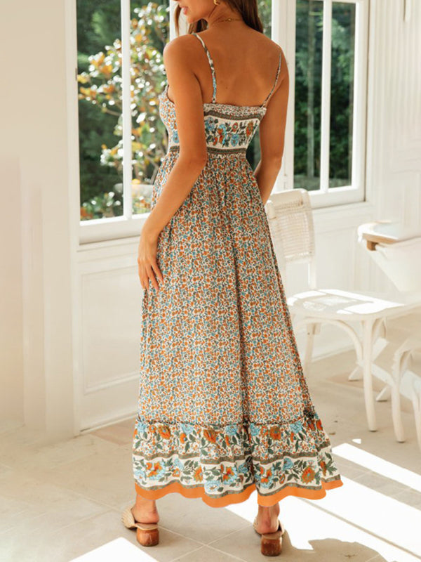 Bohemian Floral Maxi Dress – V-Neck Sleeveless Swing Skirt for Summer