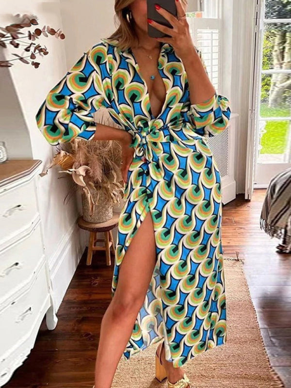 Printed Lantern Sleeve V-Neck Midi Dress with Tie Slit & Contrast Color