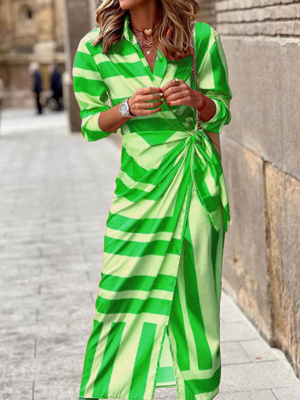 Printed Lantern Sleeve V-Neck Midi Dress with Tie Slit & Contrast Color