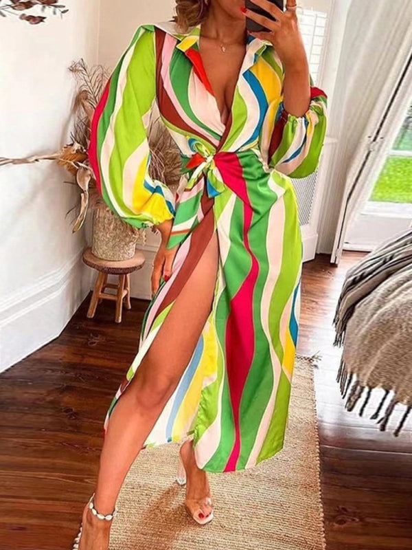 Printed Lantern Sleeve V-Neck Midi Dress with Tie Slit & Contrast Color