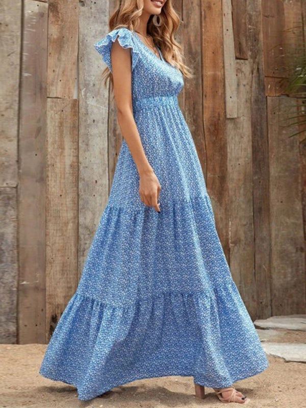 Leisure V-Neck Maxi Vacation Dress – Flowy Knit Polyester, Floral Print