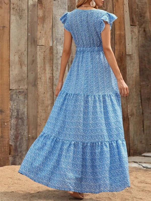 Leisure V-Neck Maxi Vacation Dress – Flowy Knit Polyester, Floral Print