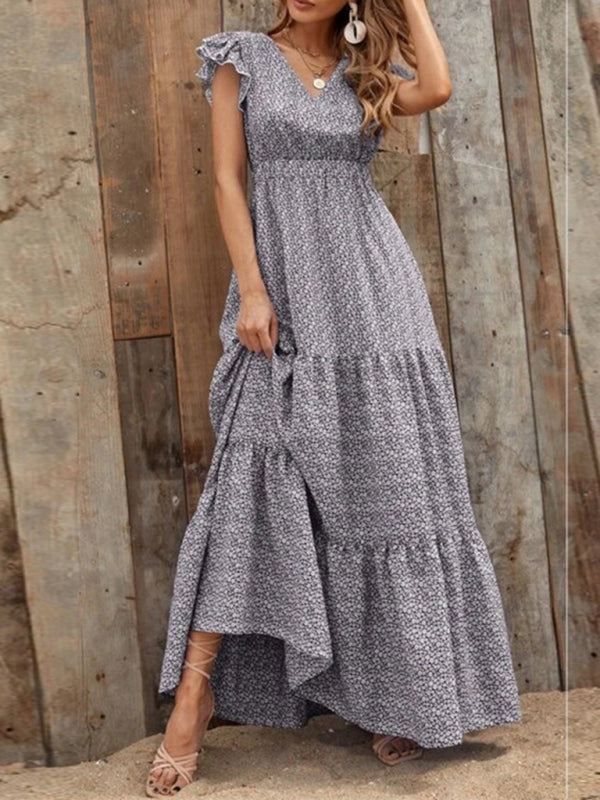 Leisure V-Neck Maxi Vacation Dress – Flowy Knit Polyester, Floral Print