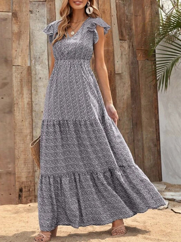 Leisure V-Neck Maxi Vacation Dress – Flowy Knit Polyester, Floral Print