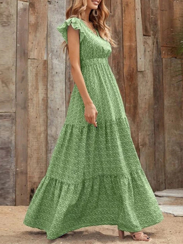 Leisure V-Neck Maxi Vacation Dress – Flowy Knit Polyester, Floral Print