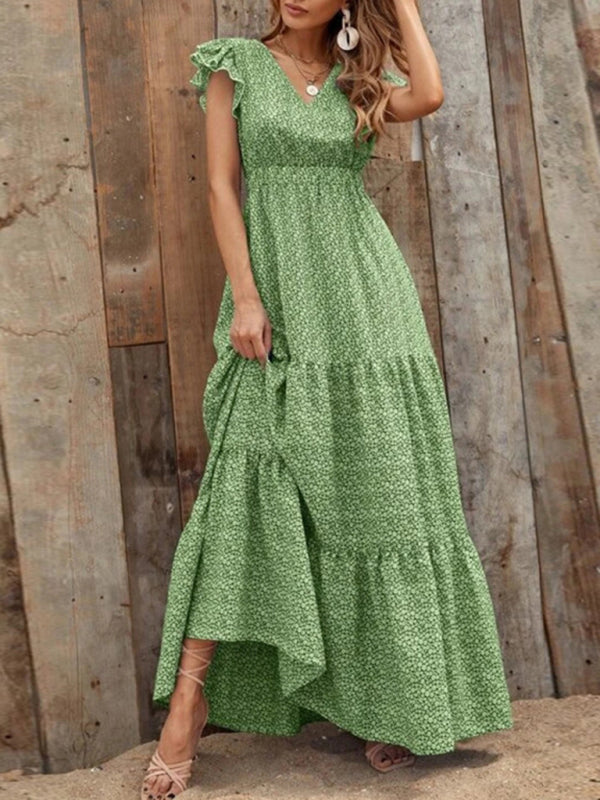 Leisure V-Neck Maxi Vacation Dress – Flowy Knit Polyester, Floral Print