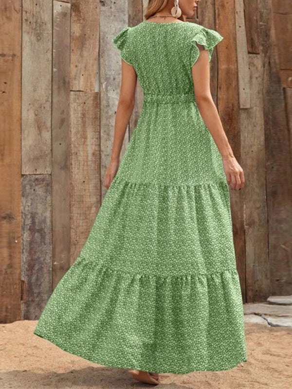 Leisure V-Neck Maxi Vacation Dress – Flowy Knit Polyester, Floral Print