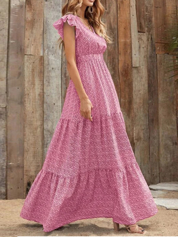Leisure V-Neck Maxi Vacation Dress – Flowy Knit Polyester, Floral Print