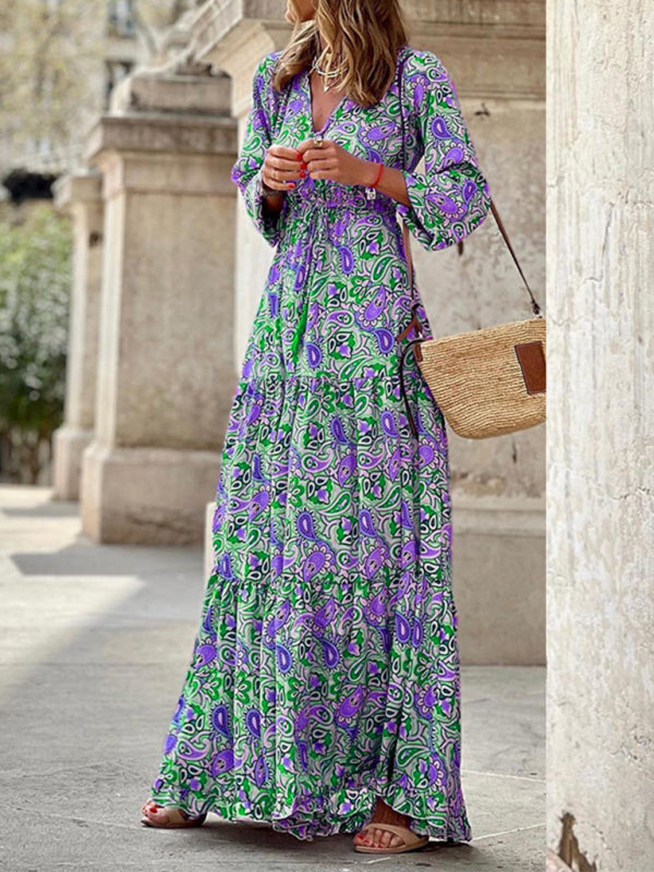 Bohemian V-Neck Maxi Swing Dress – Lightweight Print for Spring & Summer