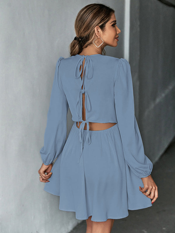 Romantic Woven Backless A-Line Dress – Long Sleeves & Ruffle Detail