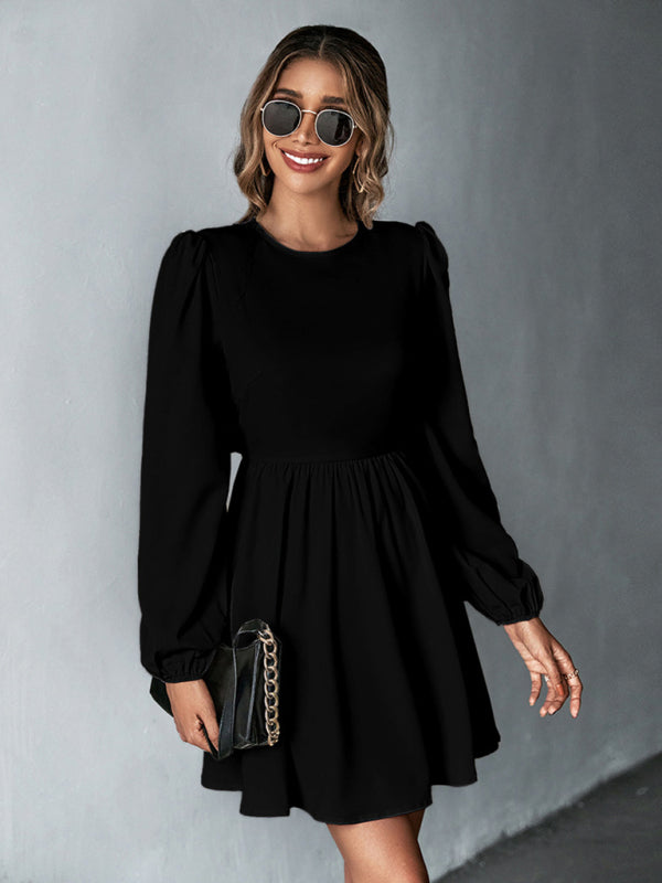 Romantic Woven Backless A-Line Dress – Long Sleeves & Ruffle Detail
