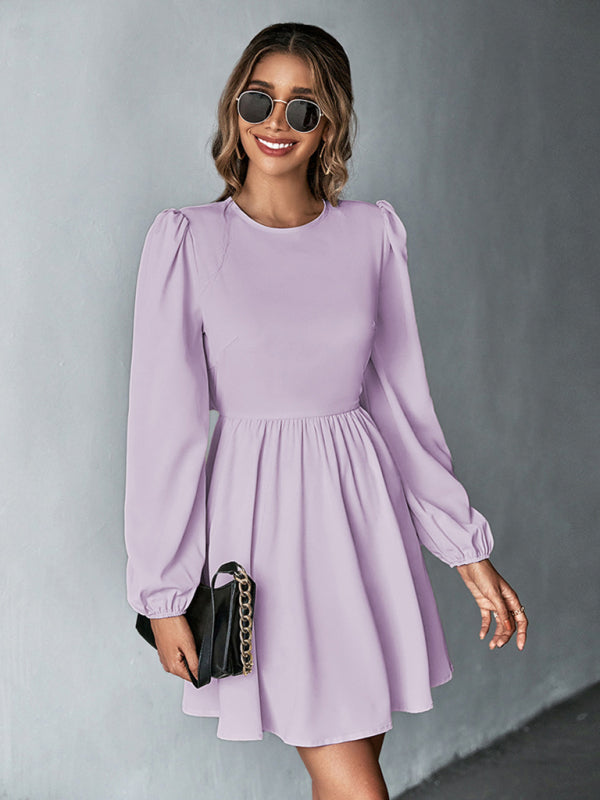 Romantic Woven Backless A-Line Dress – Long Sleeves & Ruffle Detail