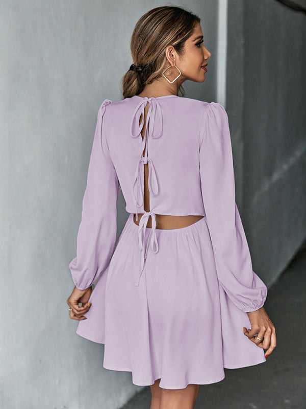 Romantic Woven Backless A-Line Dress – Long Sleeves & Ruffle Detail