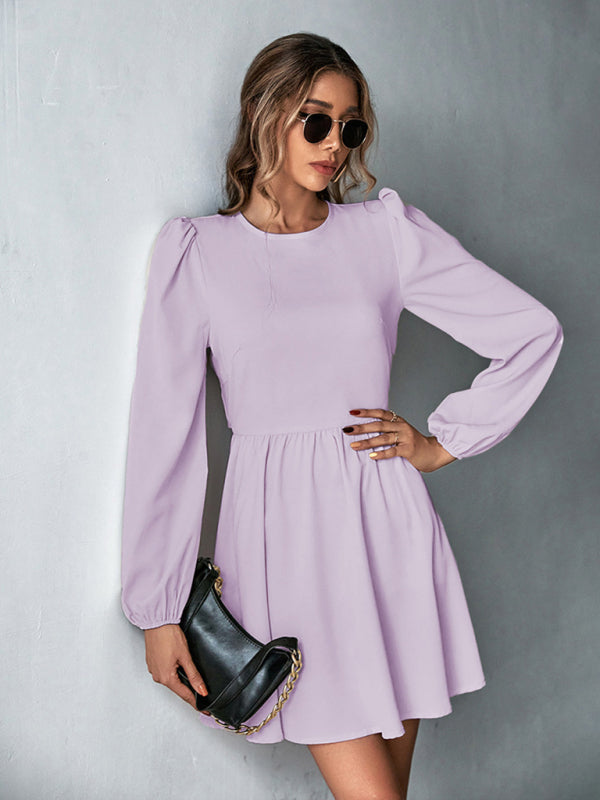 Romantic Woven Backless A-Line Dress – Long Sleeves & Ruffle Detail