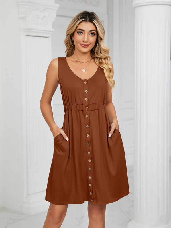 Ärmelloses Damen-Midikleid aus Strick mit Knöpfen, Taschen und Taillenschlitz