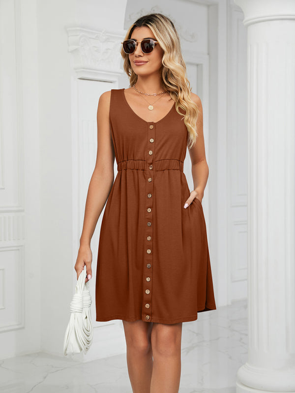 Ärmelloses Damen-Midikleid aus Strick mit Knöpfen, Taschen und Taillenschlitz