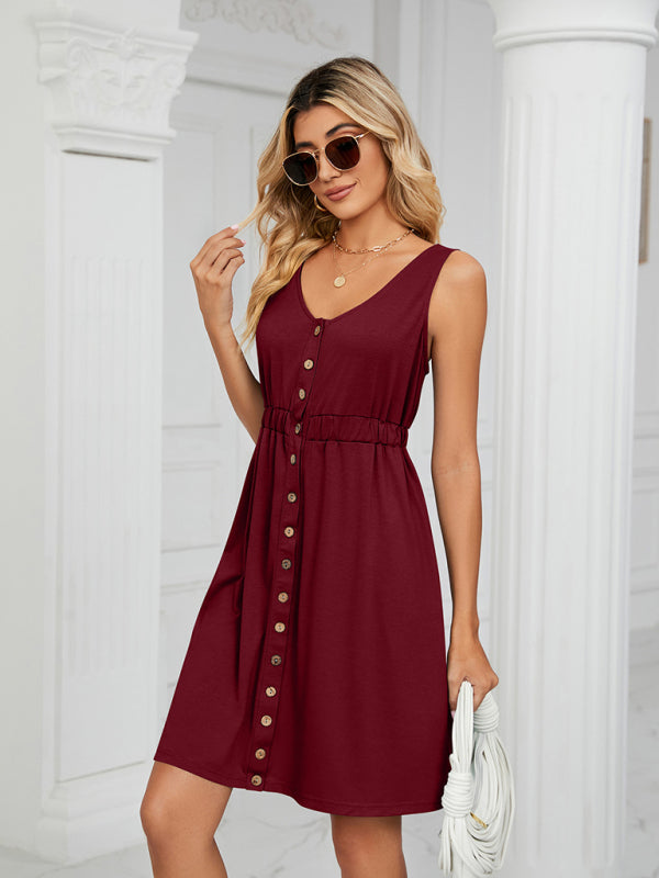 Ärmelloses Damen-Midikleid aus Strick mit Knöpfen, Taschen und Taillenschlitz