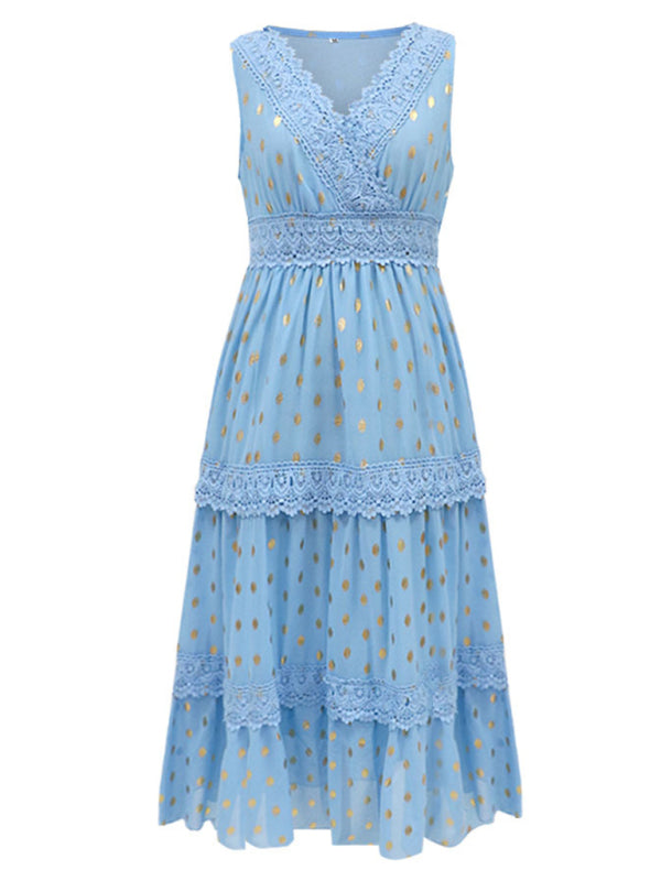 Women's Deep V Lace-Panel Chiffon Midi Dress – Sleeveless & Polka Dot