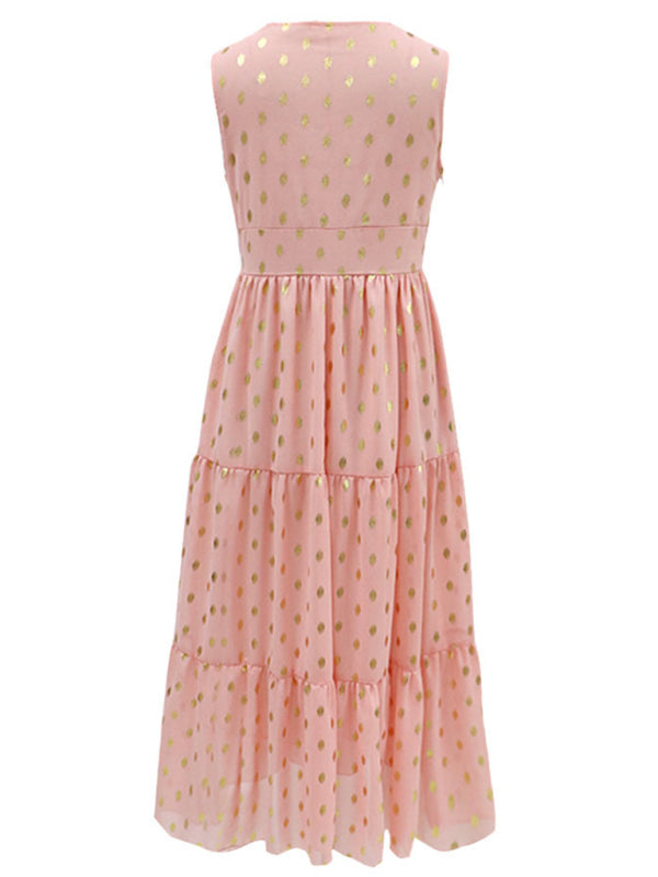 Women's Deep V Lace-Panel Chiffon Midi Dress – Sleeveless & Polka Dot