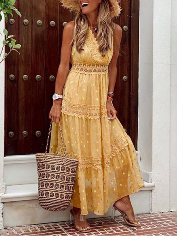Women's Deep V Lace-Panel Chiffon Midi Dress – Sleeveless & Polka Dot