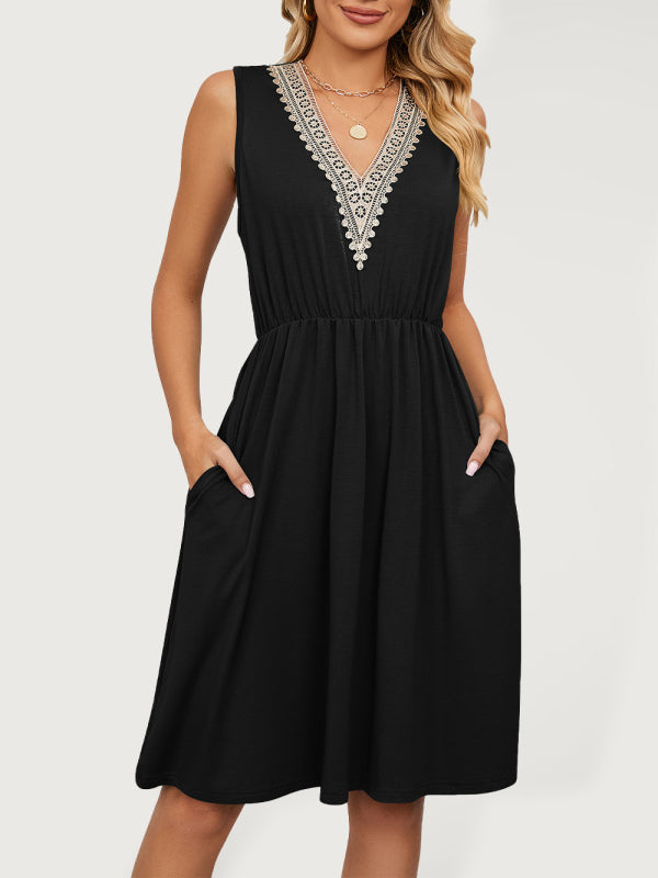 Knitted Lace V-Neck Sleeveless Dress with Pockets – Spring-Summer Leisurewear