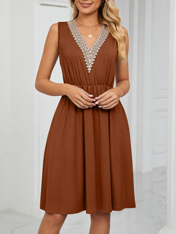 Knitted Lace V-Neck Sleeveless Dress with Pockets – Spring-Summer Leisurewear