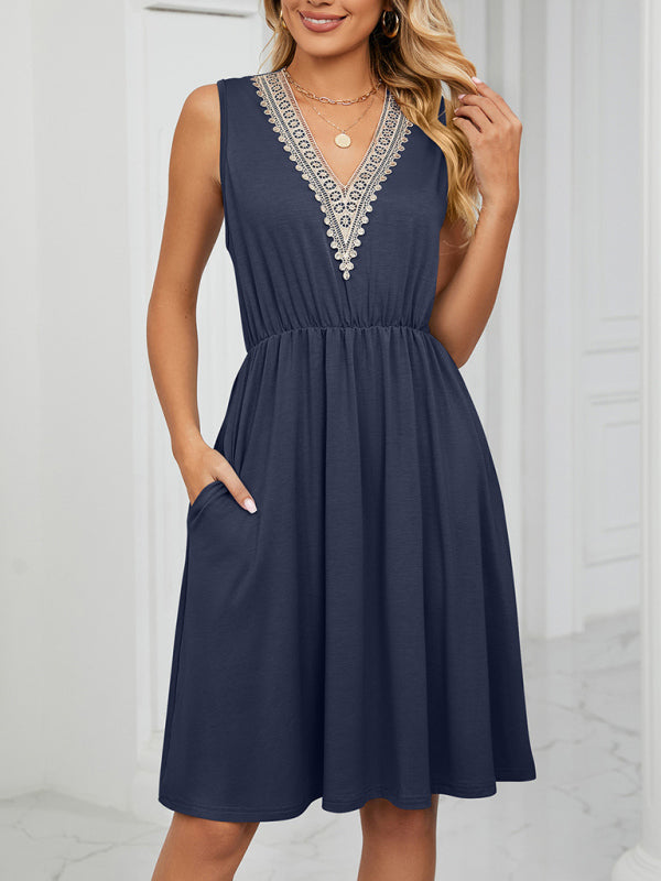 Knitted Lace V-Neck Sleeveless Dress with Pockets – Spring-Summer Leisurewear