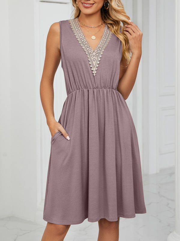 Knitted Lace V-Neck Sleeveless Dress with Pockets – Spring-Summer Leisurewear