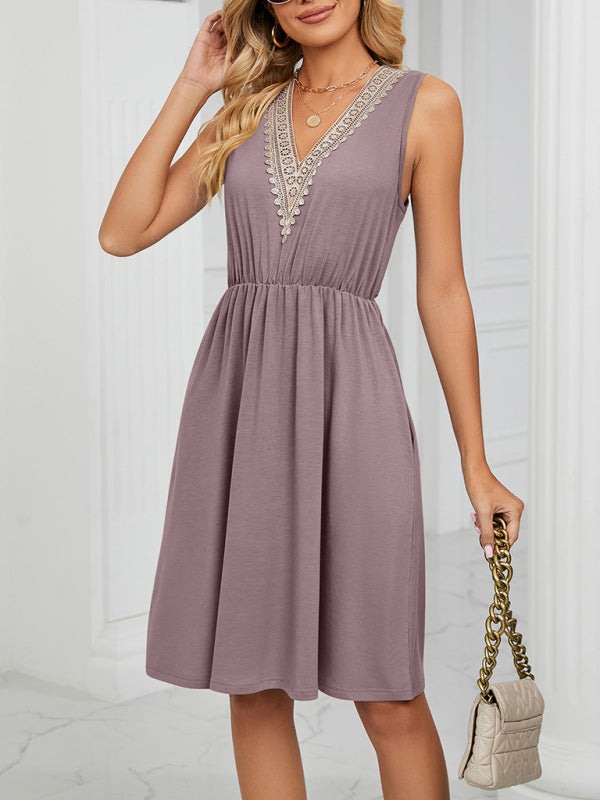 Knitted Lace V-Neck Sleeveless Dress with Pockets – Spring-Summer Leisurewear