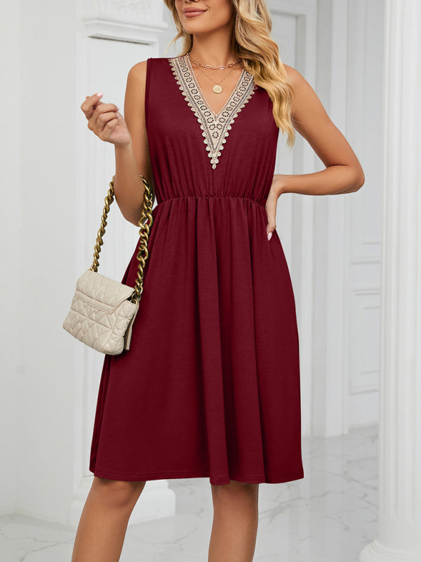 Knitted Lace V-Neck Sleeveless Dress with Pockets – Spring-Summer Leisurewear