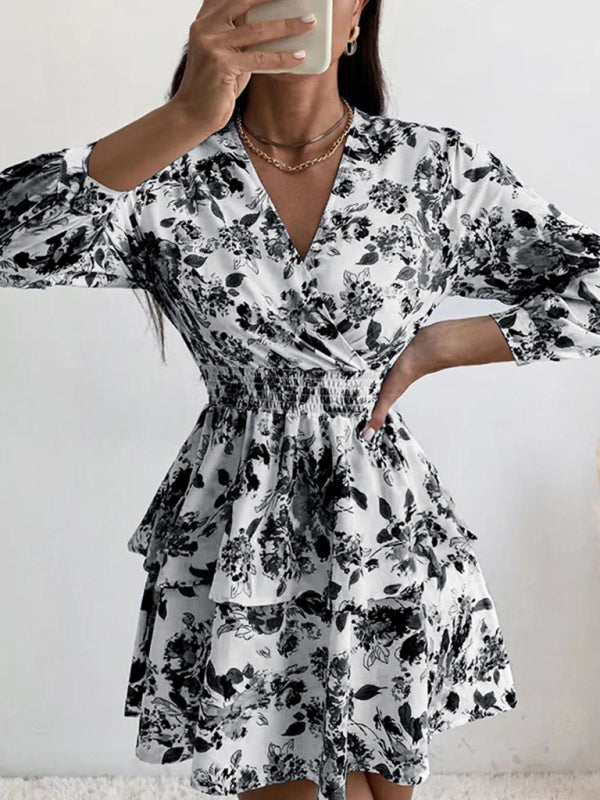 Pleated V-Neck Long Sleeve Woven Dress – Floral Print, Romantic Fit