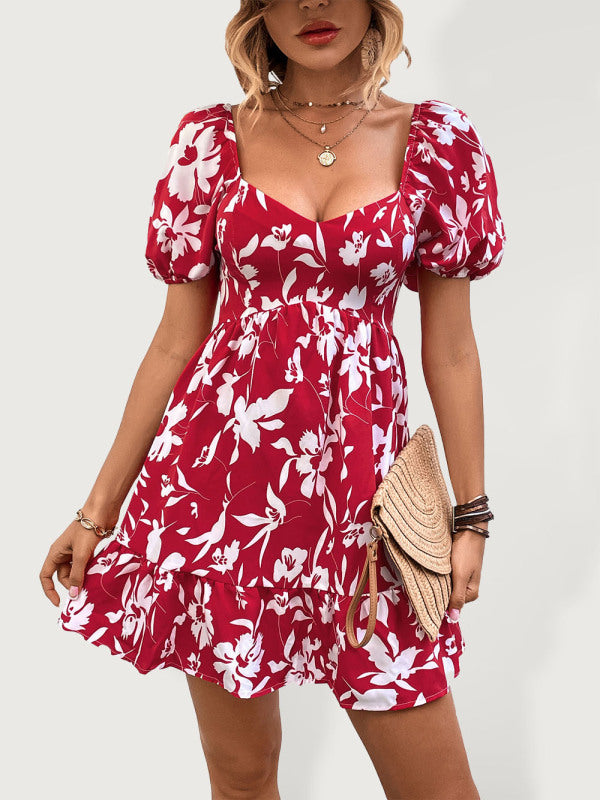 Vintage Floral Sweetheart Neck Dress – Puff Sleeves & High Waist