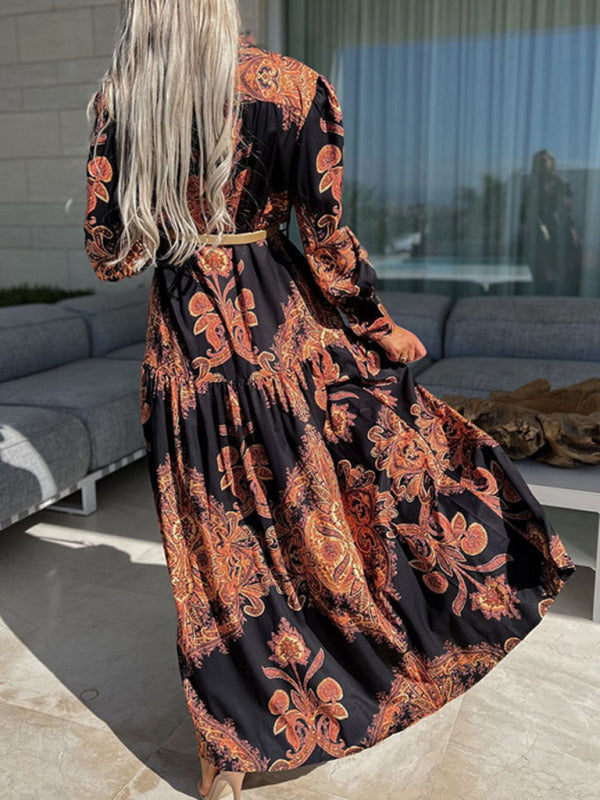 Vintage Woven Vacation Maxi Dress with Puffed Sleeves – Belt Not Included