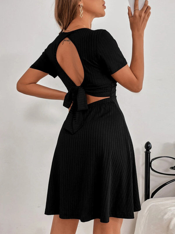 Ruffled Backless Knit Mini Dress – V-Neck, Short Sleeves, Sexy Fit
