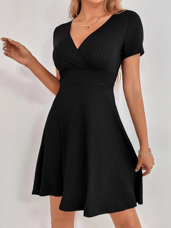Ruffled Backless Knit Mini Dress – V-Neck, Short Sleeves, Sexy Fit