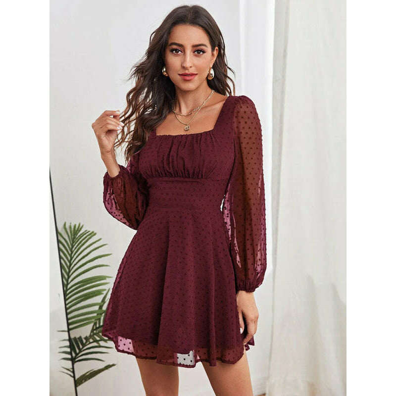 فستان طويل أنيق من الشيفون الجاكار بأكمام فانوس عالية الخصر - ماريا المبتسمة - كل شيء للنساء 34650262