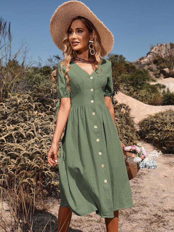 Woven V-Neck A-Line Short Sleeve Dress – Button Front, High Waist
