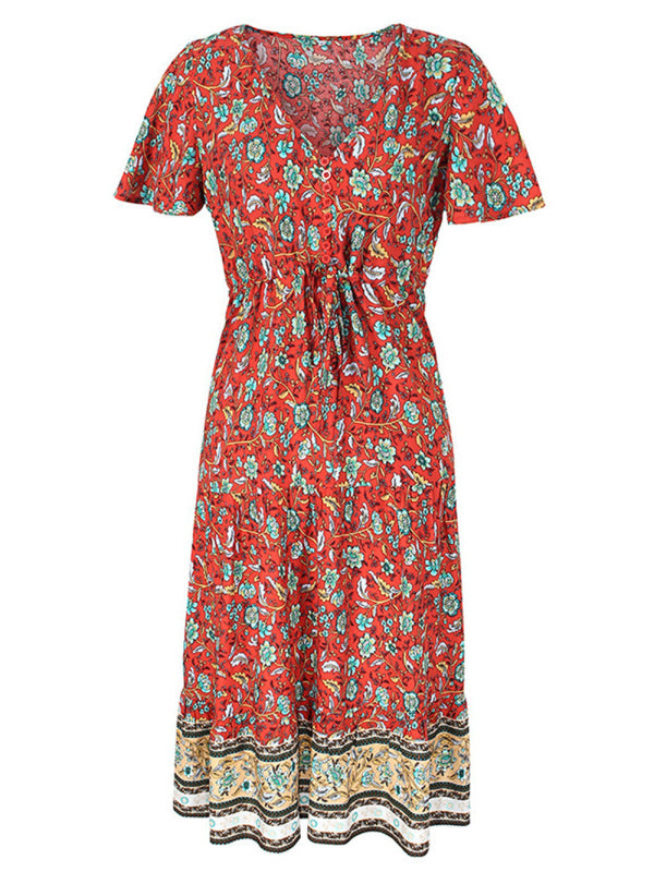 Slim-Fit Floral V-Neck Button-Down Midi Dress – Short Sleeves, Cotton Blend