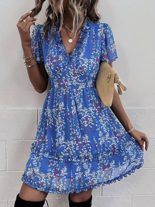 V-Neck Printed Short Dress – Lightweight Woven Fabric for Spring & Summer