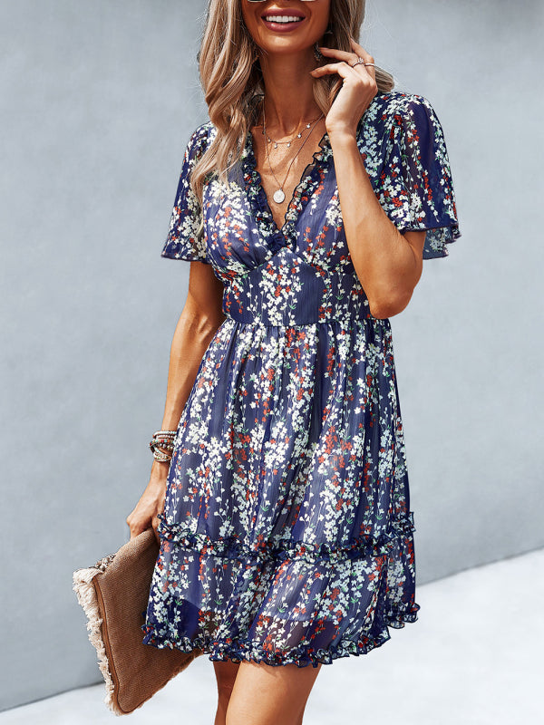 V-Neck Printed Short Dress – Lightweight Woven Fabric for Spring & Summer