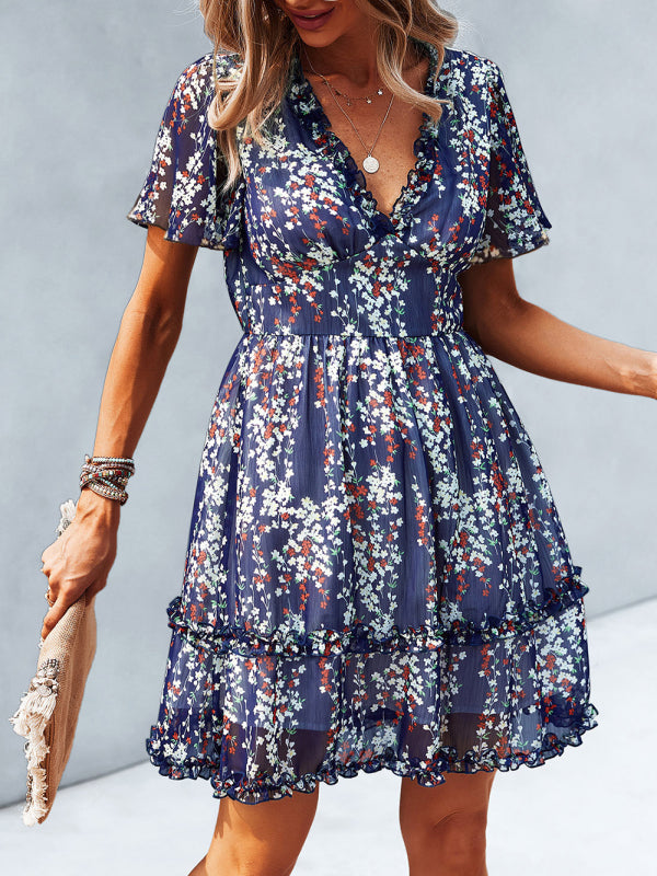 V-Neck Printed Short Dress – Lightweight Woven Fabric for Spring & Summer