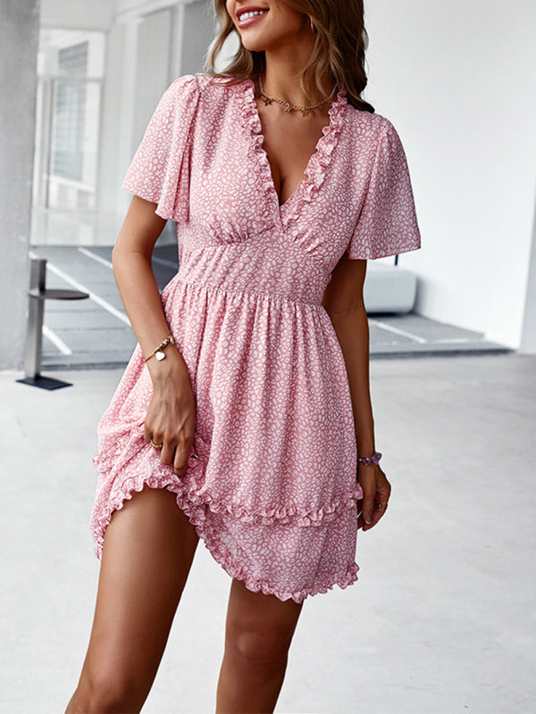V-Neck Printed Short Dress – Lightweight Woven Fabric for Spring & Summer