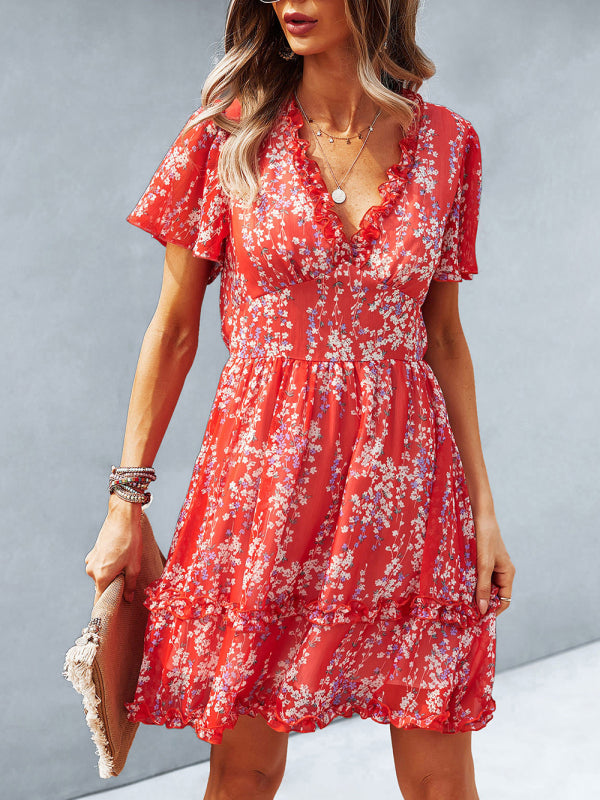 V-Neck Printed Short Dress – Lightweight Woven Fabric for Spring & Summer