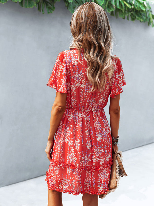 V-Neck Printed Short Dress – Lightweight Woven Fabric for Spring & Summer