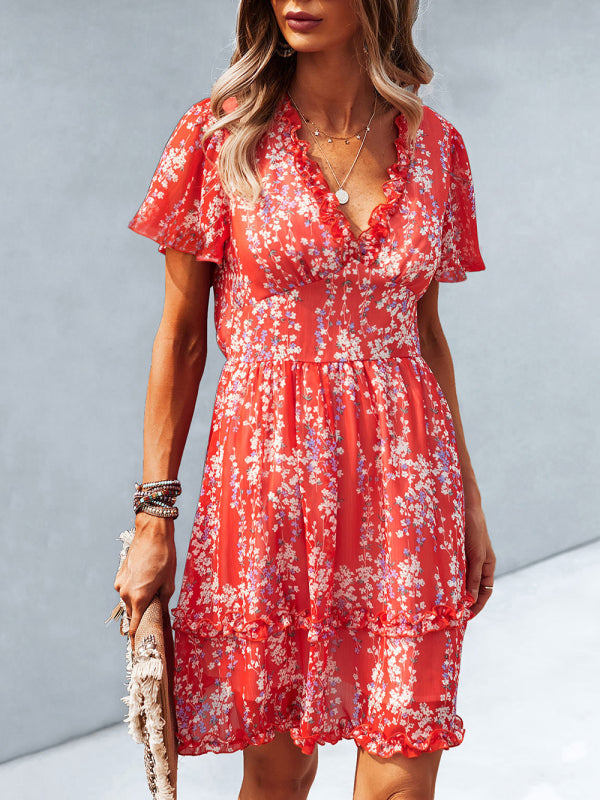 V-Neck Printed Short Dress – Lightweight Woven Fabric for Spring & Summer