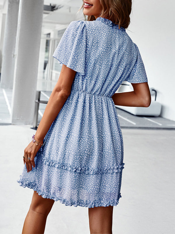 V-Neck Printed Short Dress – Lightweight Woven Fabric for Spring & Summer