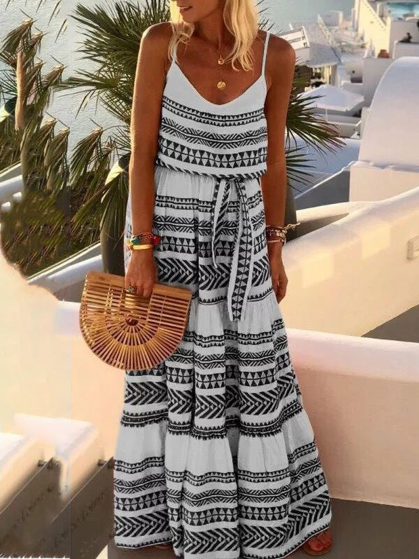 Bohemian Deep V-Neck Printed Maxi Sundress – Sleeveless, Flowy Fit